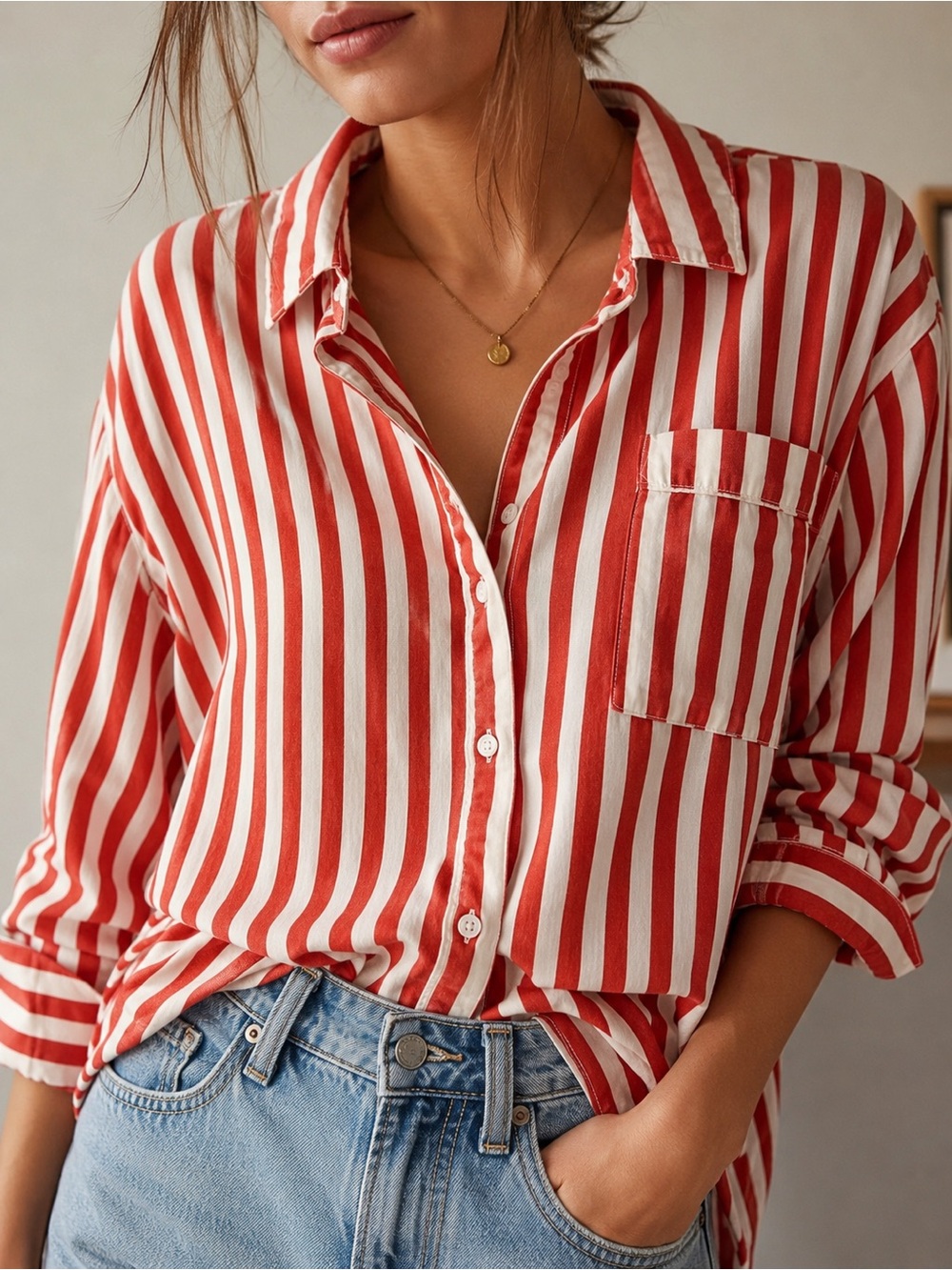 Urban Outfitters Red Cream Striped Oversized Cotton Button Down Shirt M